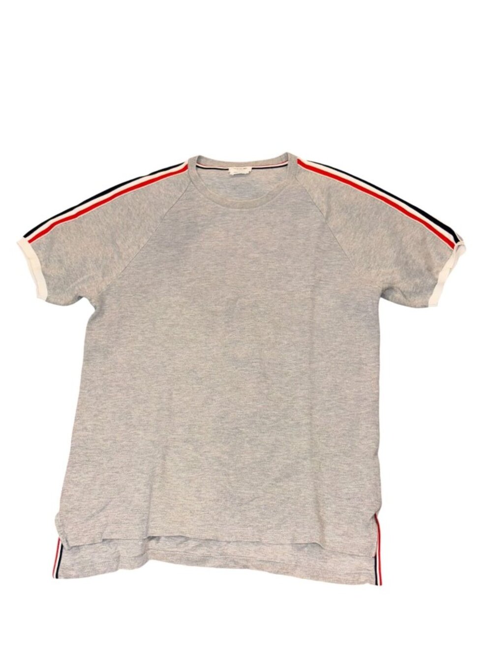 Thom Browne Grey Raglan T-Shirt With Red & Navy Striped Sleeves Made In Italy Si
